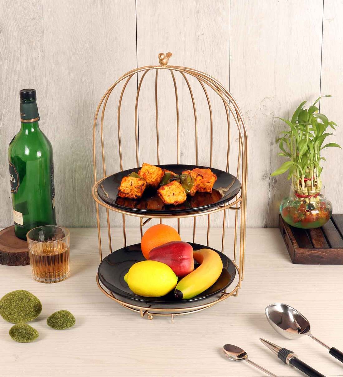 Buy Cage Gold & Maroon (set Of 3) Iron 2 Tier Appetizer Platter At 36% 