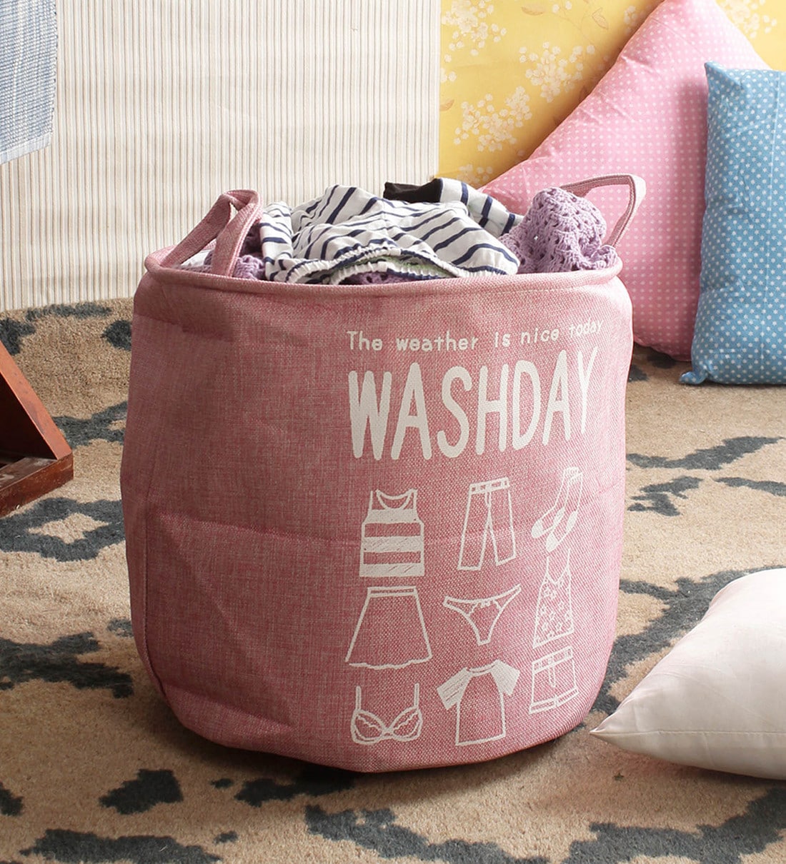 Pink Rose Print Laundry Basket