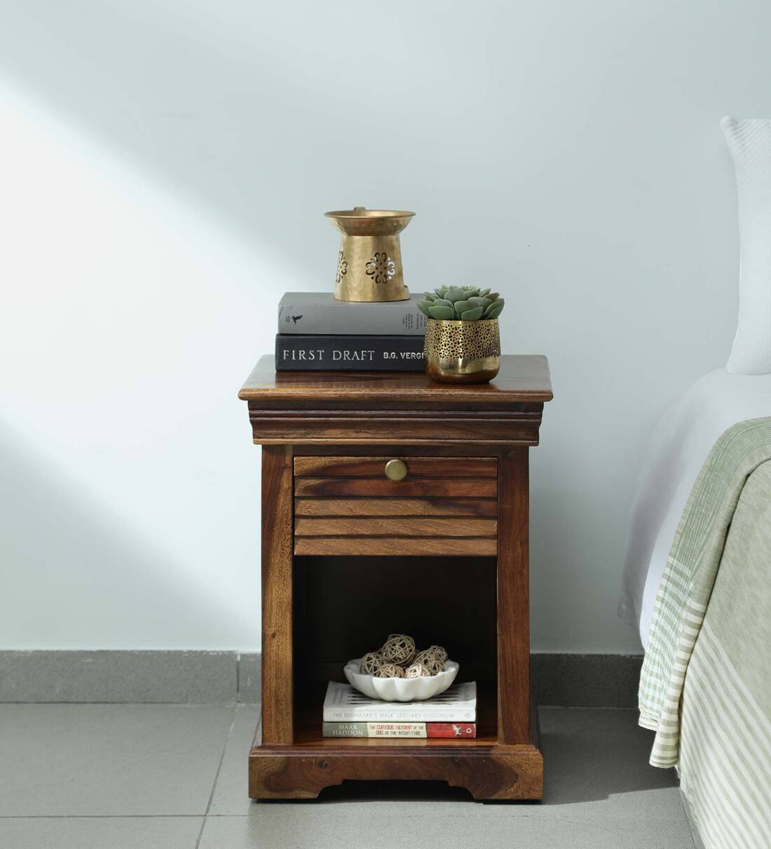 Buy Carleson Sheesham Wood Bedside Table In Provincial Teak Finish With Drawer At Off By