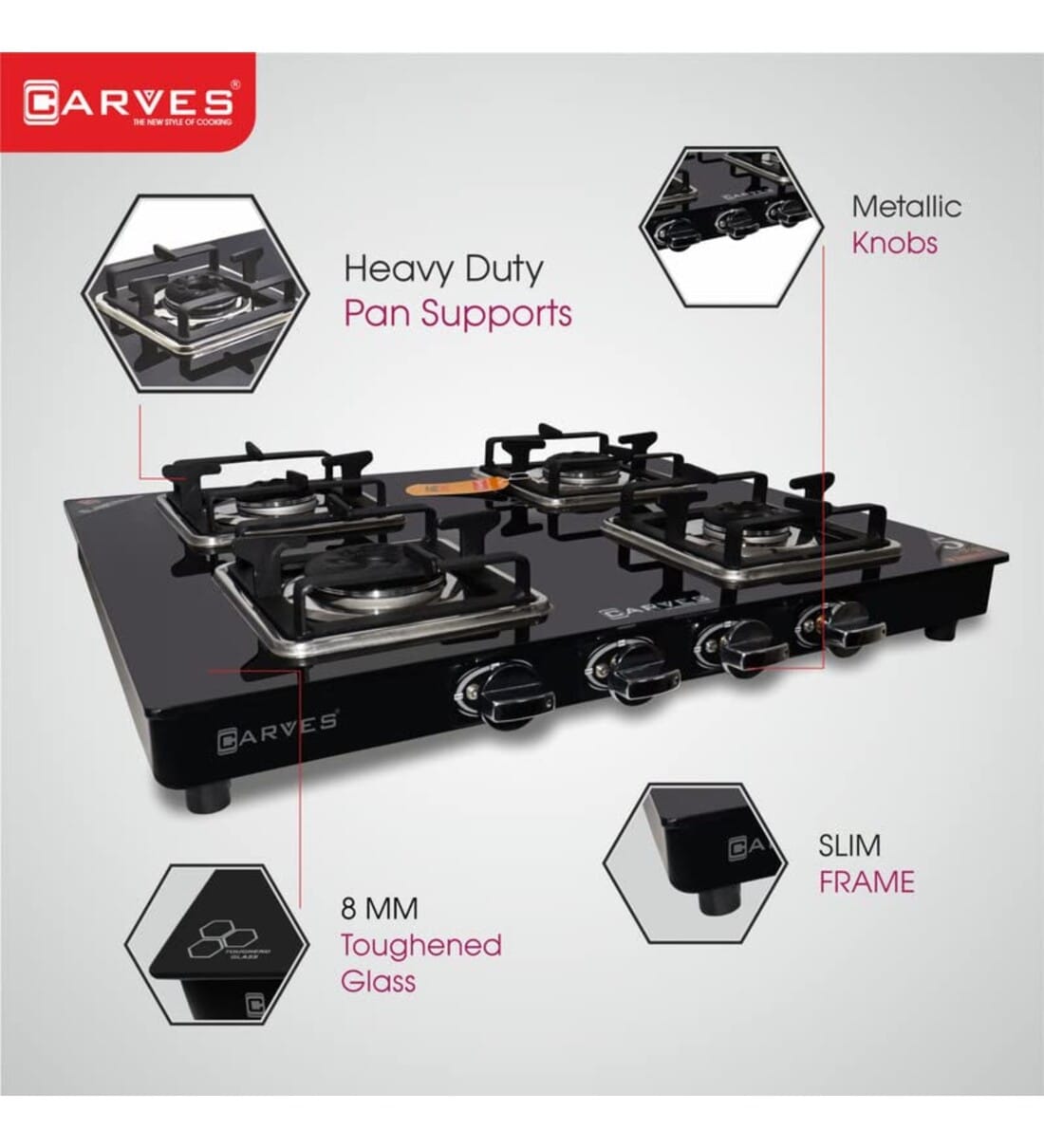 Buy CARVES 4 Burner Crysta Mild Steel LPG Gas Stove (Casting Heavy pan