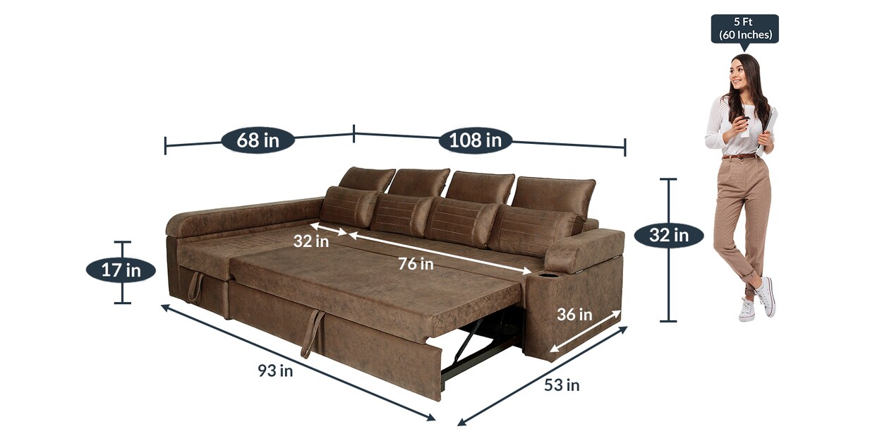 Buy Cameo Fabric PullOut Sofa Cum Bed in Brown Colour with Storage by