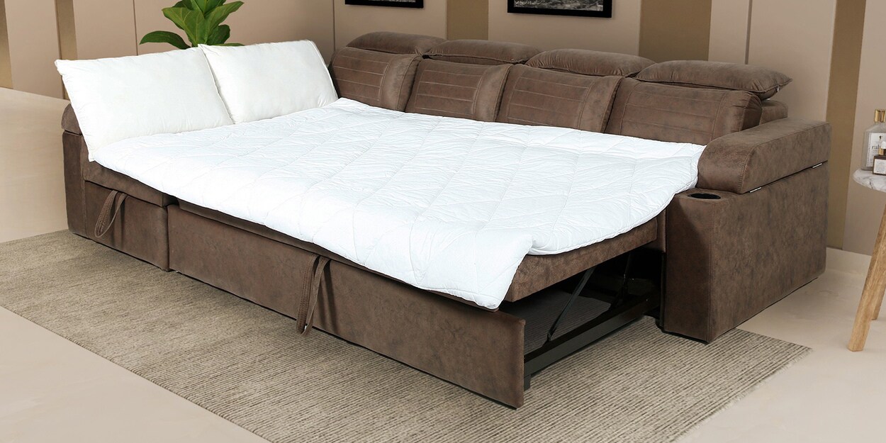 Buy Cameo Fabric PullOut Sofa Cum Bed in Brown Colour with Storage by