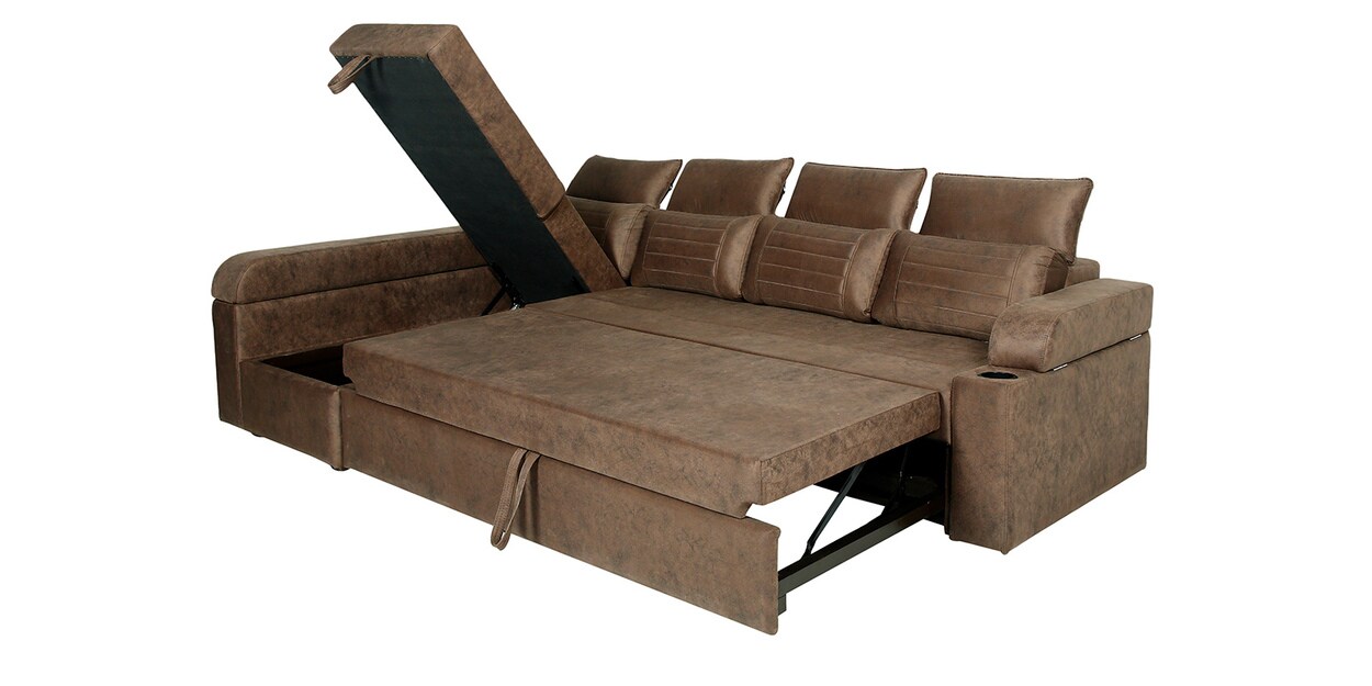 Buy Cameo Fabric PullOut Sofa Cum Bed in Brown Colour with Storage by