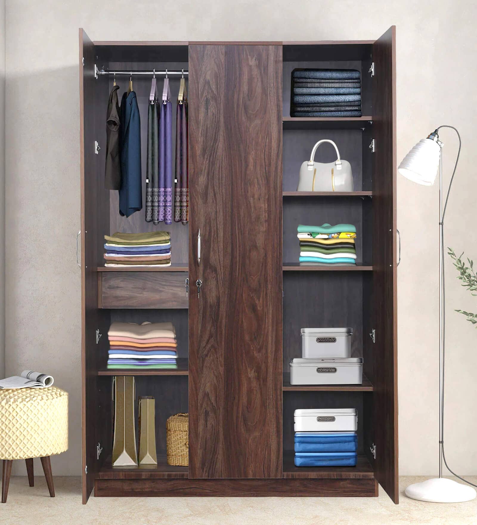 Cabalina 3 Door Wardrobe In Natural Walnut Colour