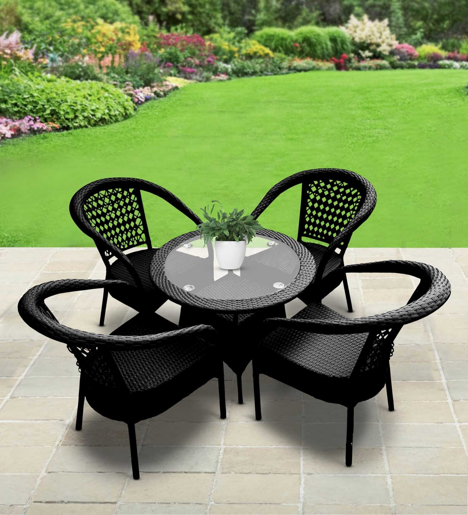Buy Cabon Wicker Patio Table and Chair Set in Black with 4 Chairs at 21