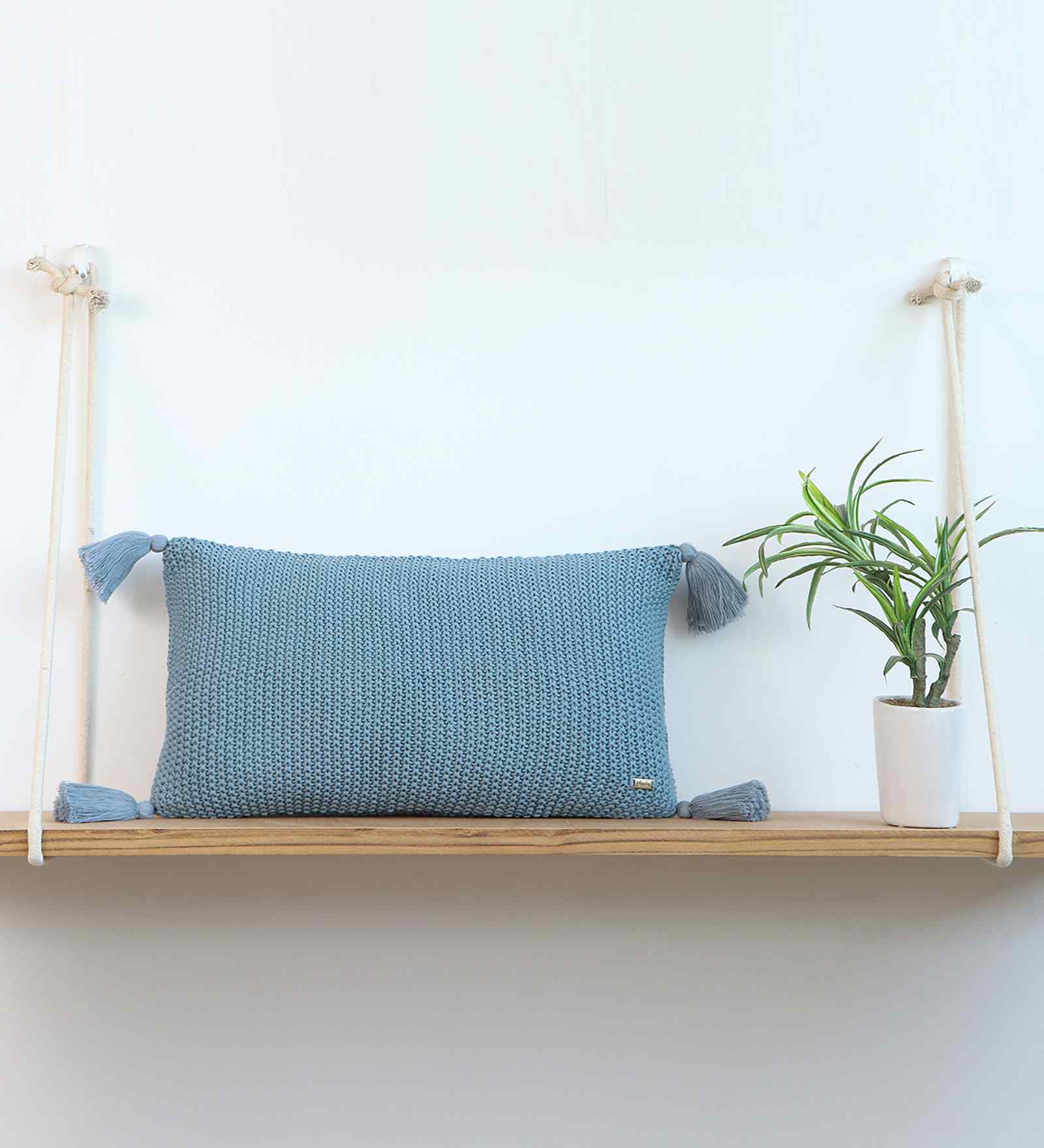 Cadet Blue 100% Cotton Moss 12X20 Inches Knitted Cushion Cover