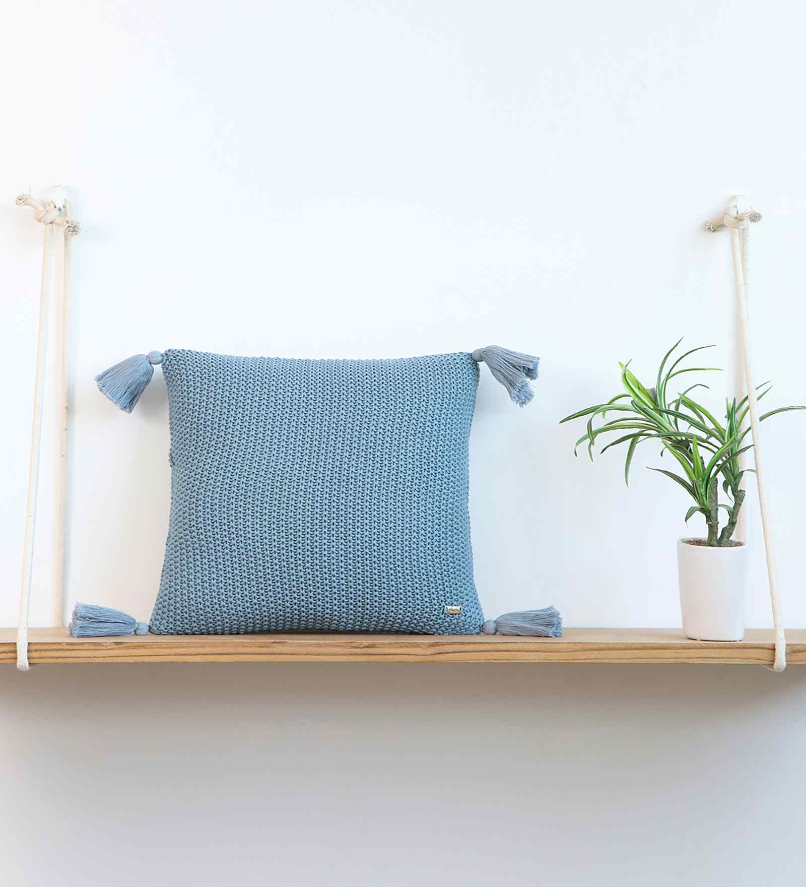 Cadet Blue 100% Cotton Moss 16X16 Inches Knitted Cushion Cover