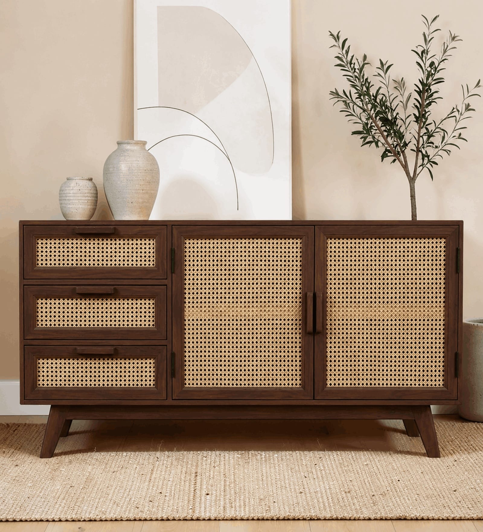Caelum 2-Door Sideboard With Rattan Mesh Front In Walnut Finish Caelum 2-Door Sideboard With Rattan Mesh Front In Walnut Finish