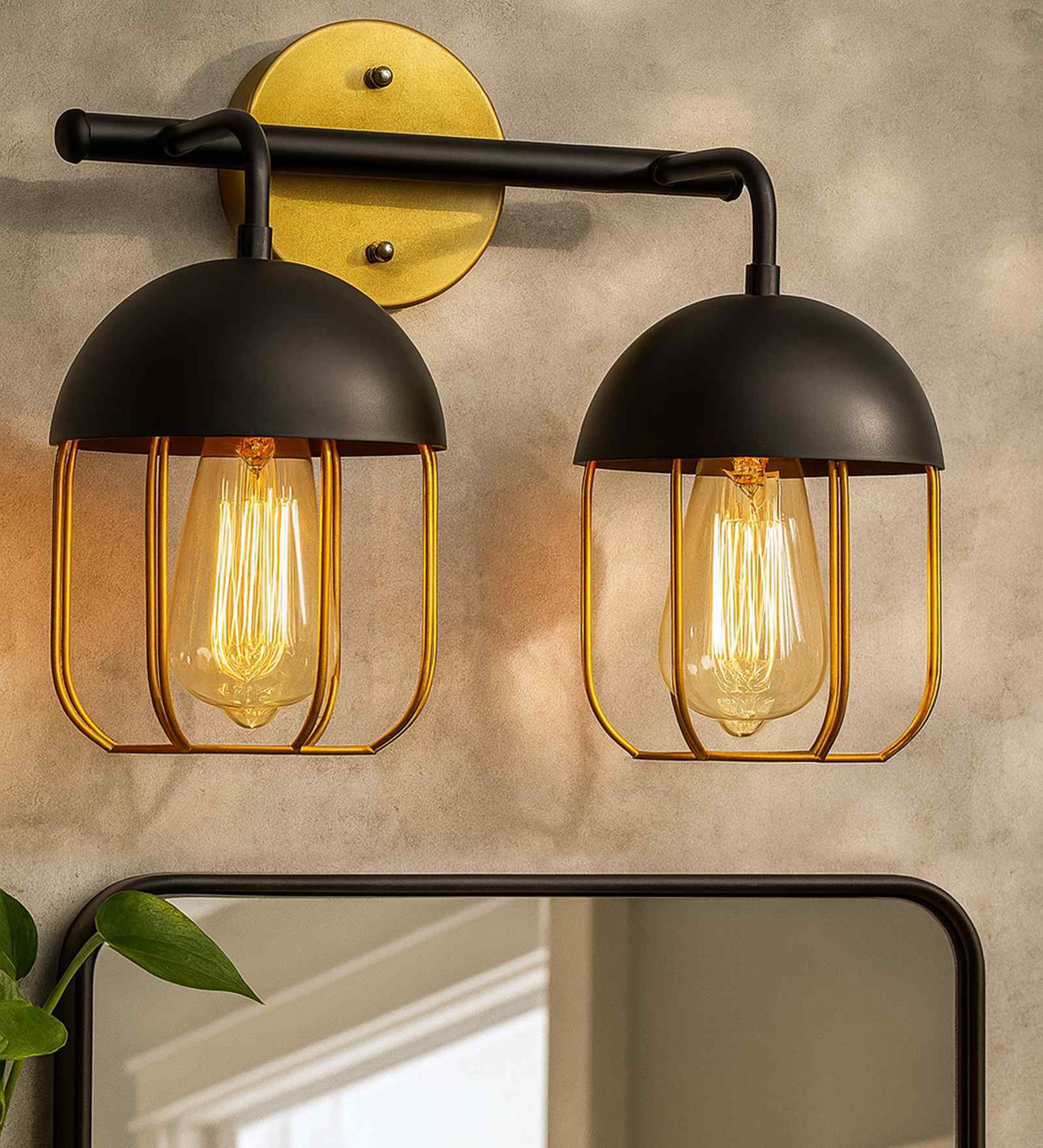 Cage Black & Gold Glass 2 Light Vanity Wall Sconce