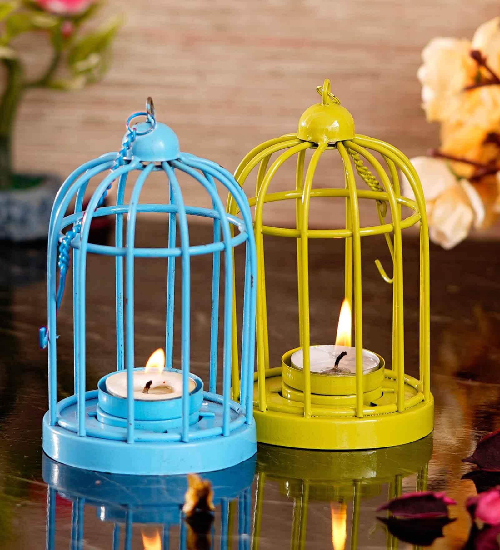 Cage Blue Iron (Set of 2) Hanging Tea Light Holder