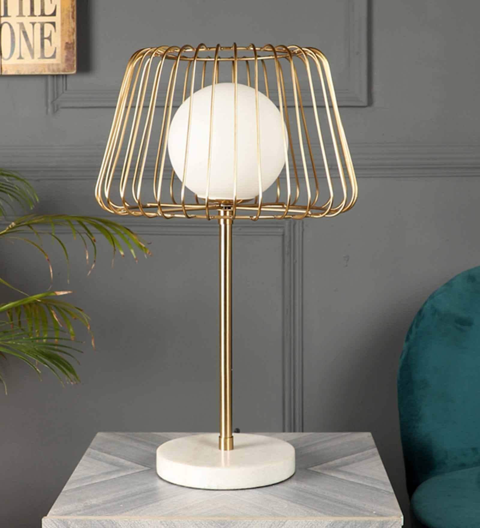 Caged Orb Gold Table Lamp With White Marble Base