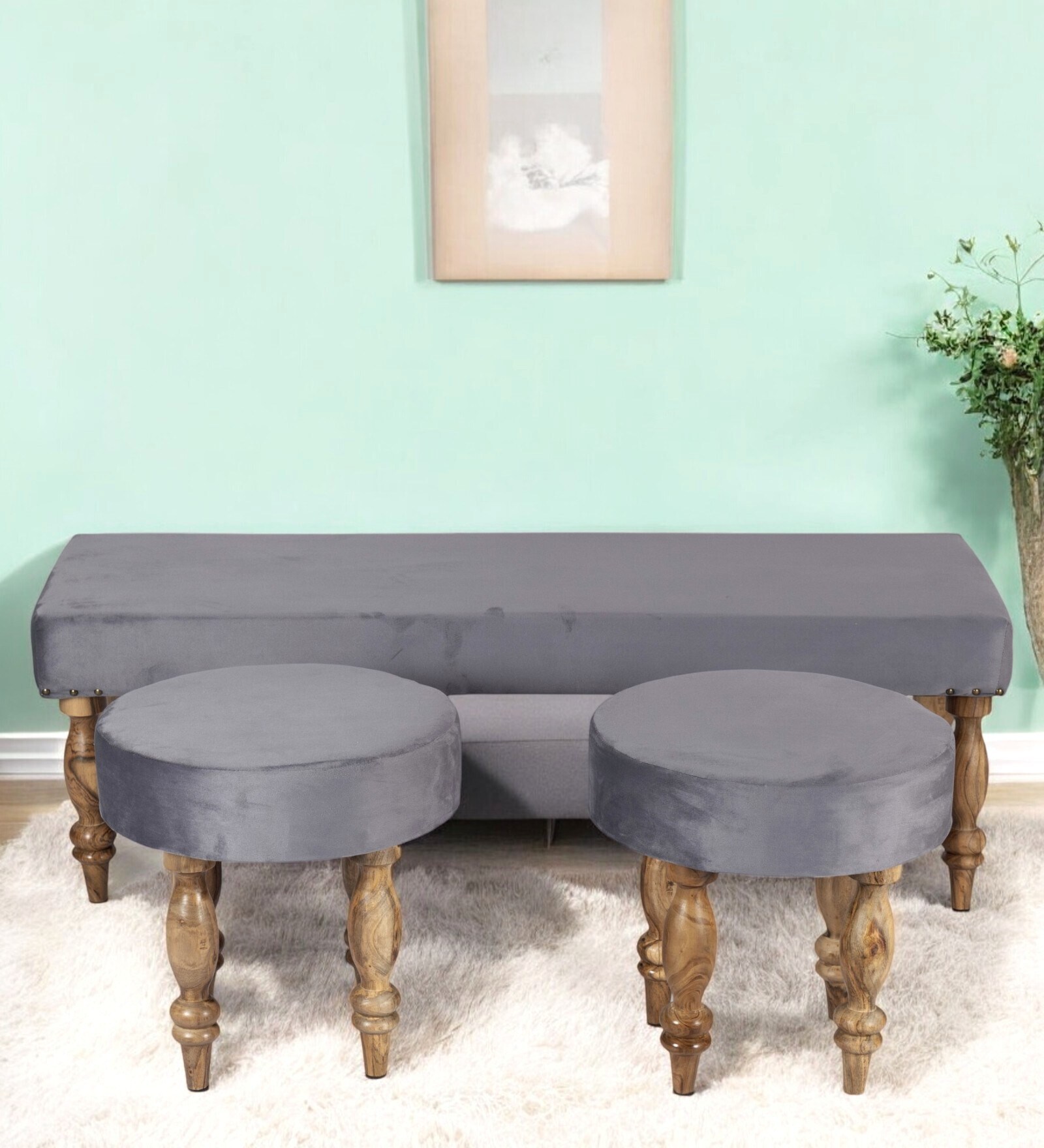 Cairo Velvet Accent 5 Seater Bench Set With 2 Stools In Grey Colour