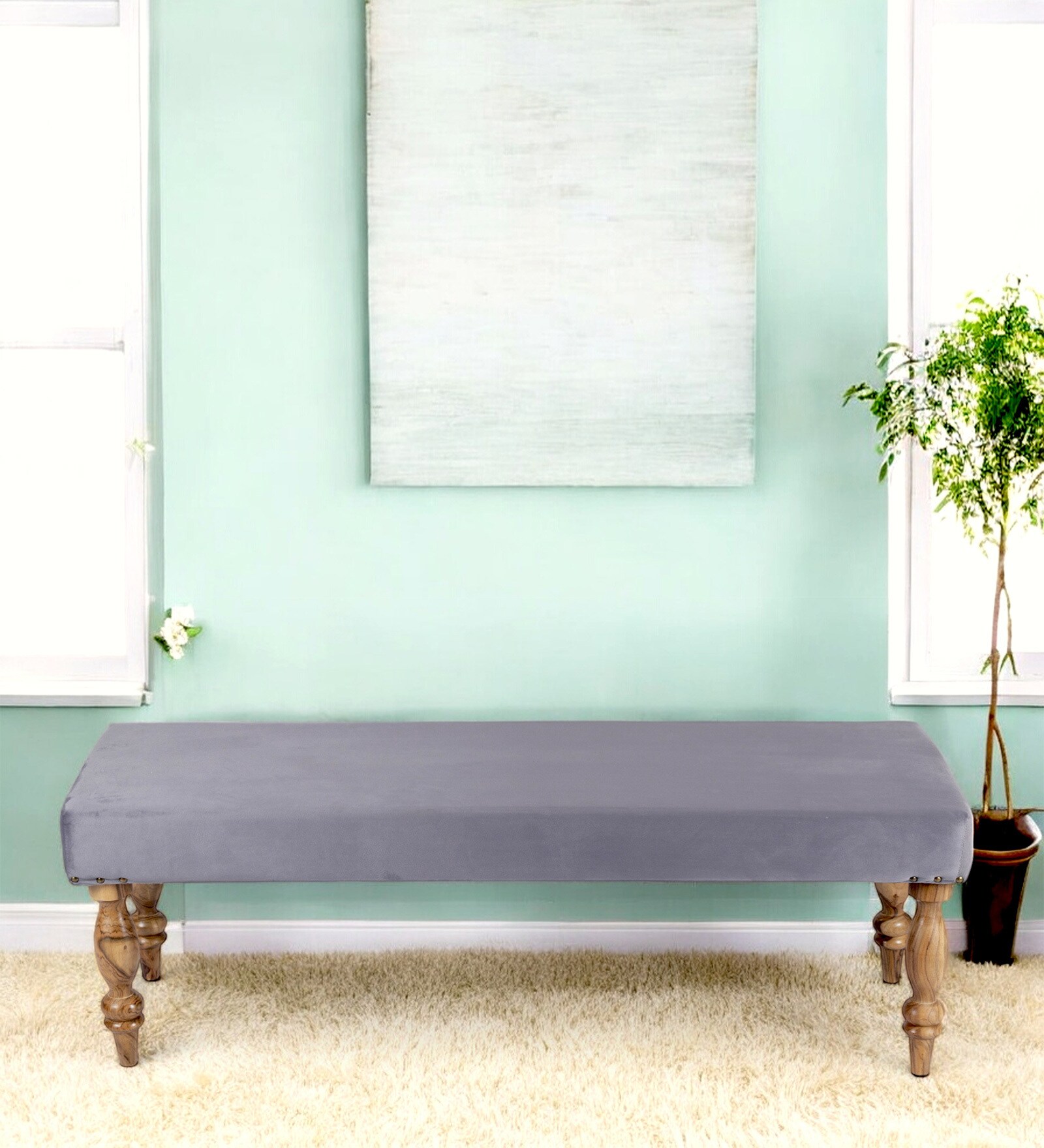 Cairo Velvet Accent 3 Seater Bench In Grey Colour