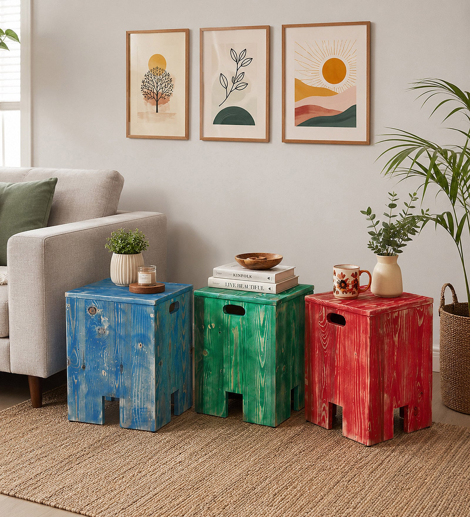 Calais Pine Wood Nesting Side Table In Multicolour (Set of 3) Calais Pine Wood Nesting Side Table In Multicolour (Set of 3)