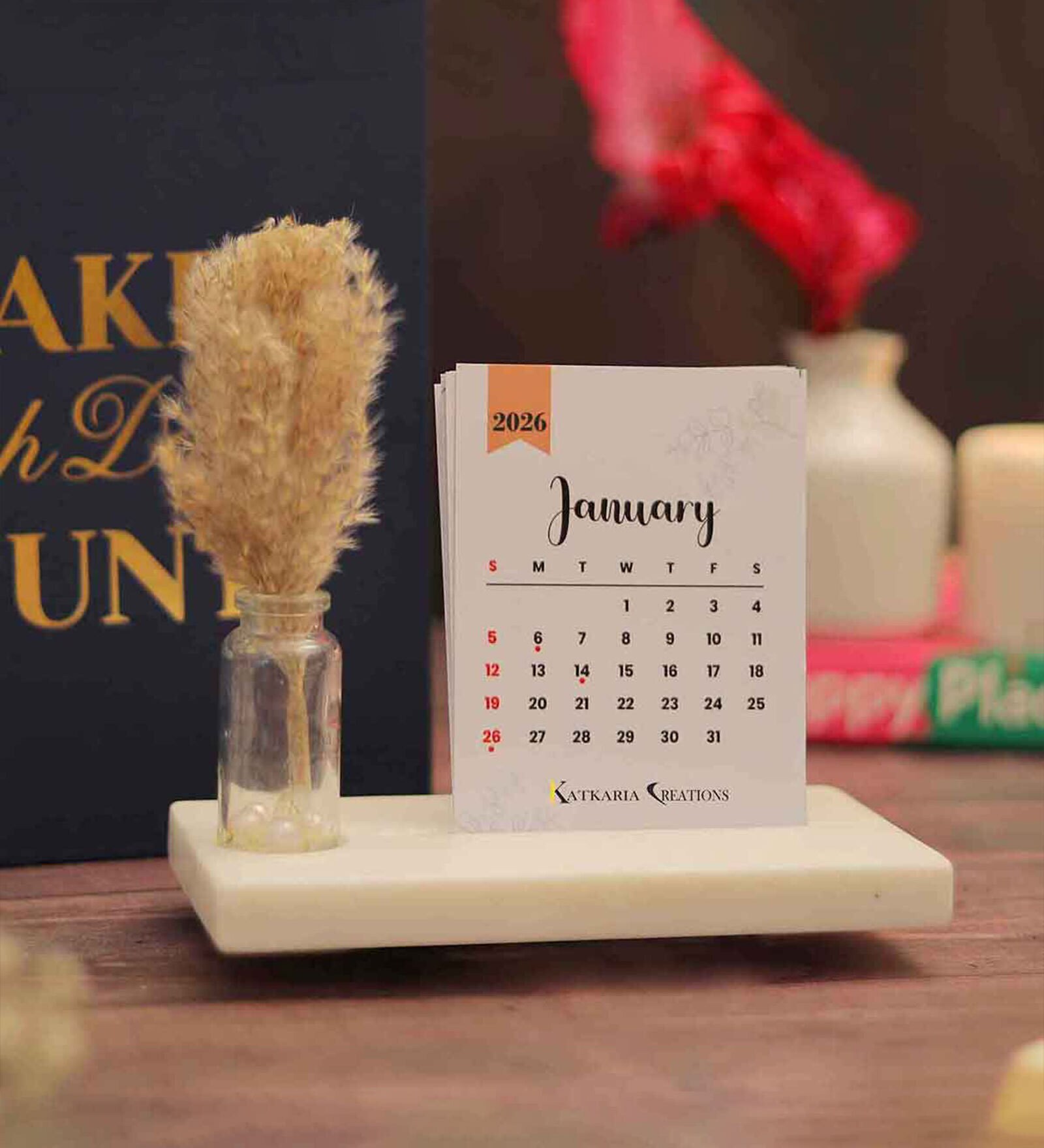Calendar 2026 White Marble & Paper Desk Organizers