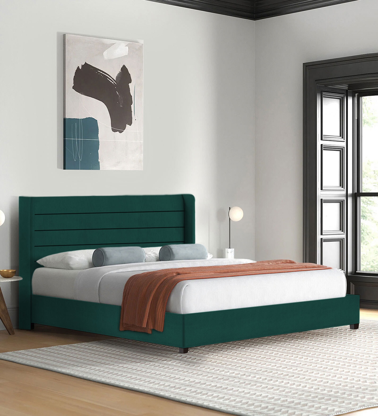 Caliya Velvet Upholstered King Size Bed in Pine Green Colour with Box Storage