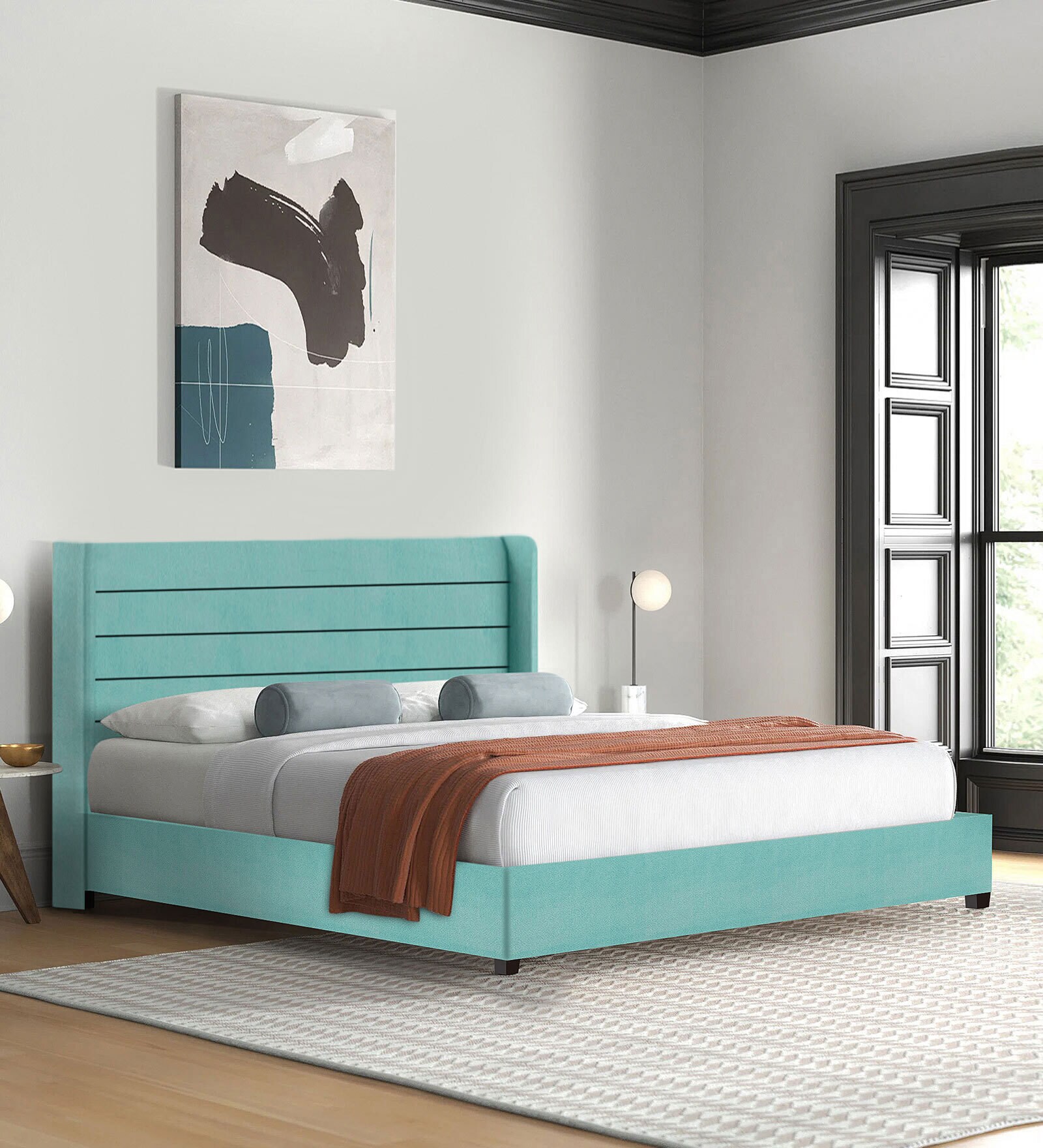 Caliya Velvet Upholstered King Size Bed in Aqua Blue Colour Caliya Velvet Upholstered King Size Bed in Aqua Blue Colour