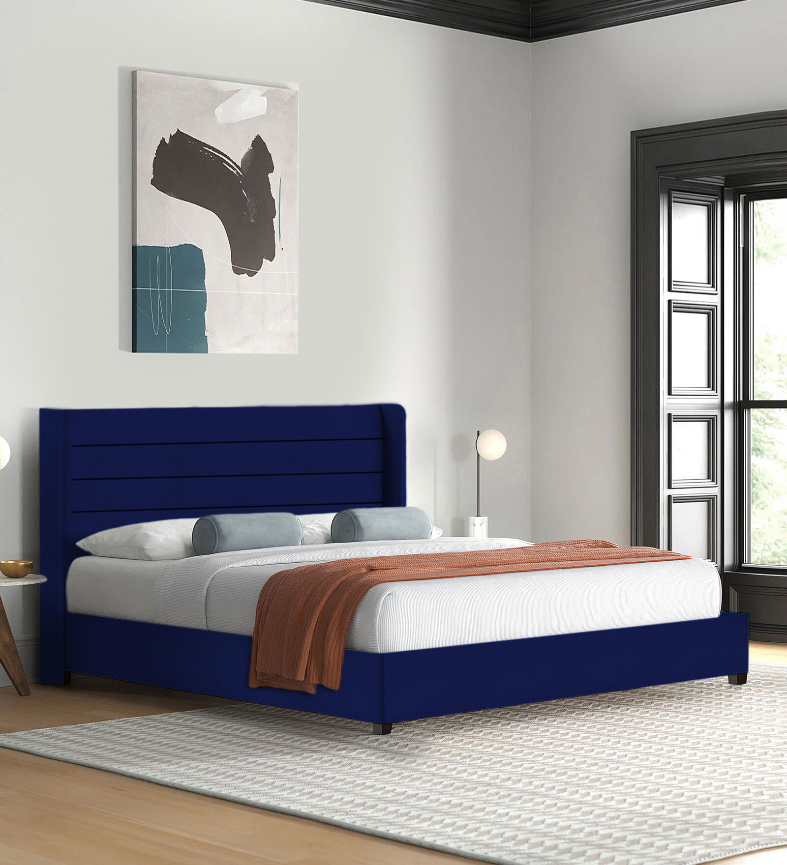 Caliya Velvet Upholstered King Size Bed in Imperial Blue Colour