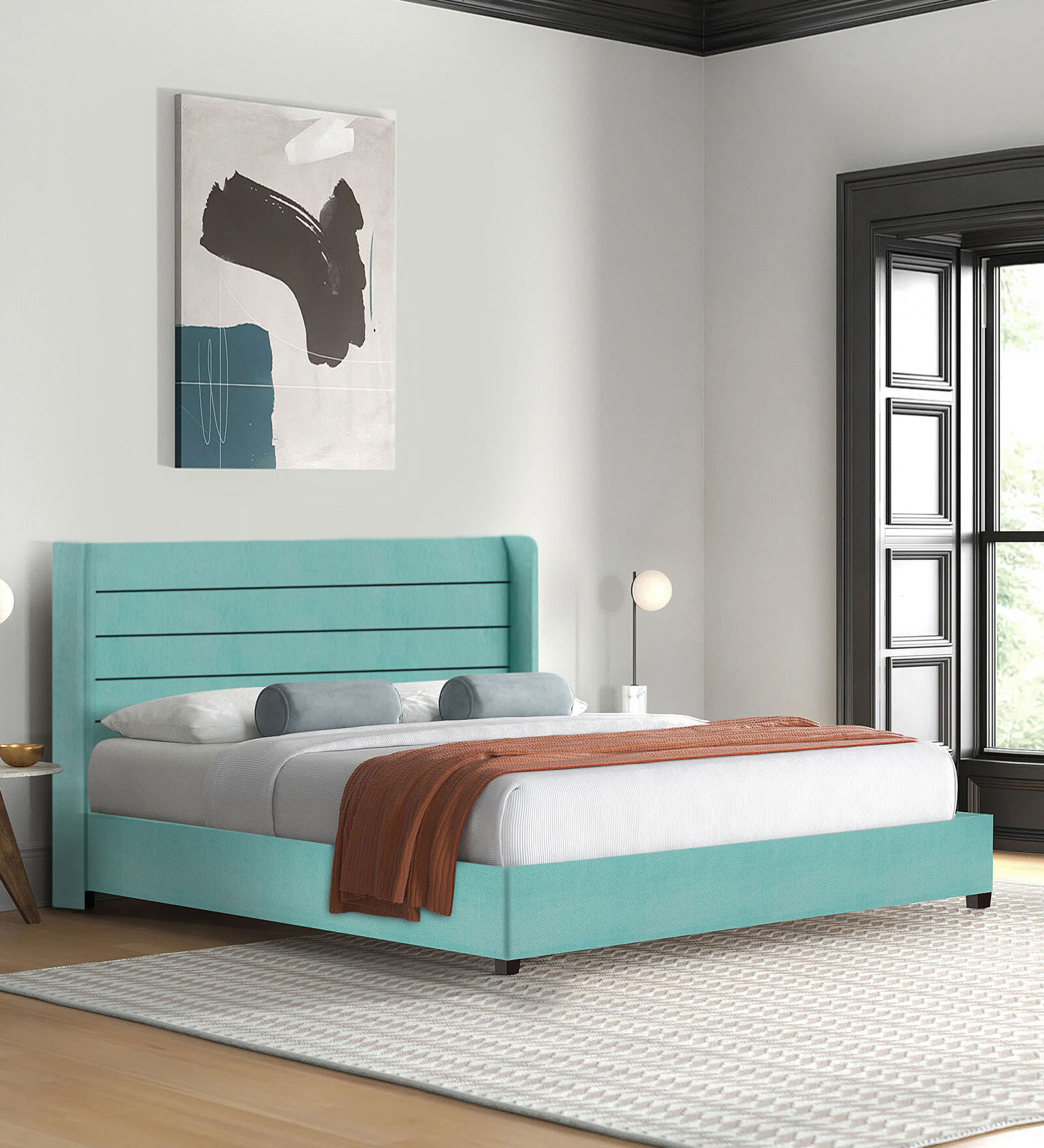 Buy Caliya Velvet Upholstered Queen Size Bed in Aqua Blue Colour at 56