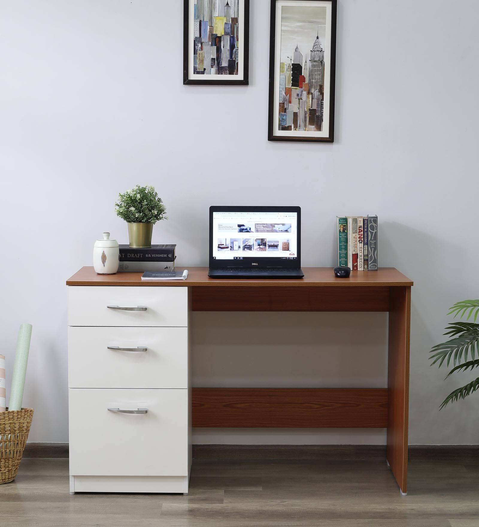 Calvin Study Table in Natural Teak & Cold White Finish