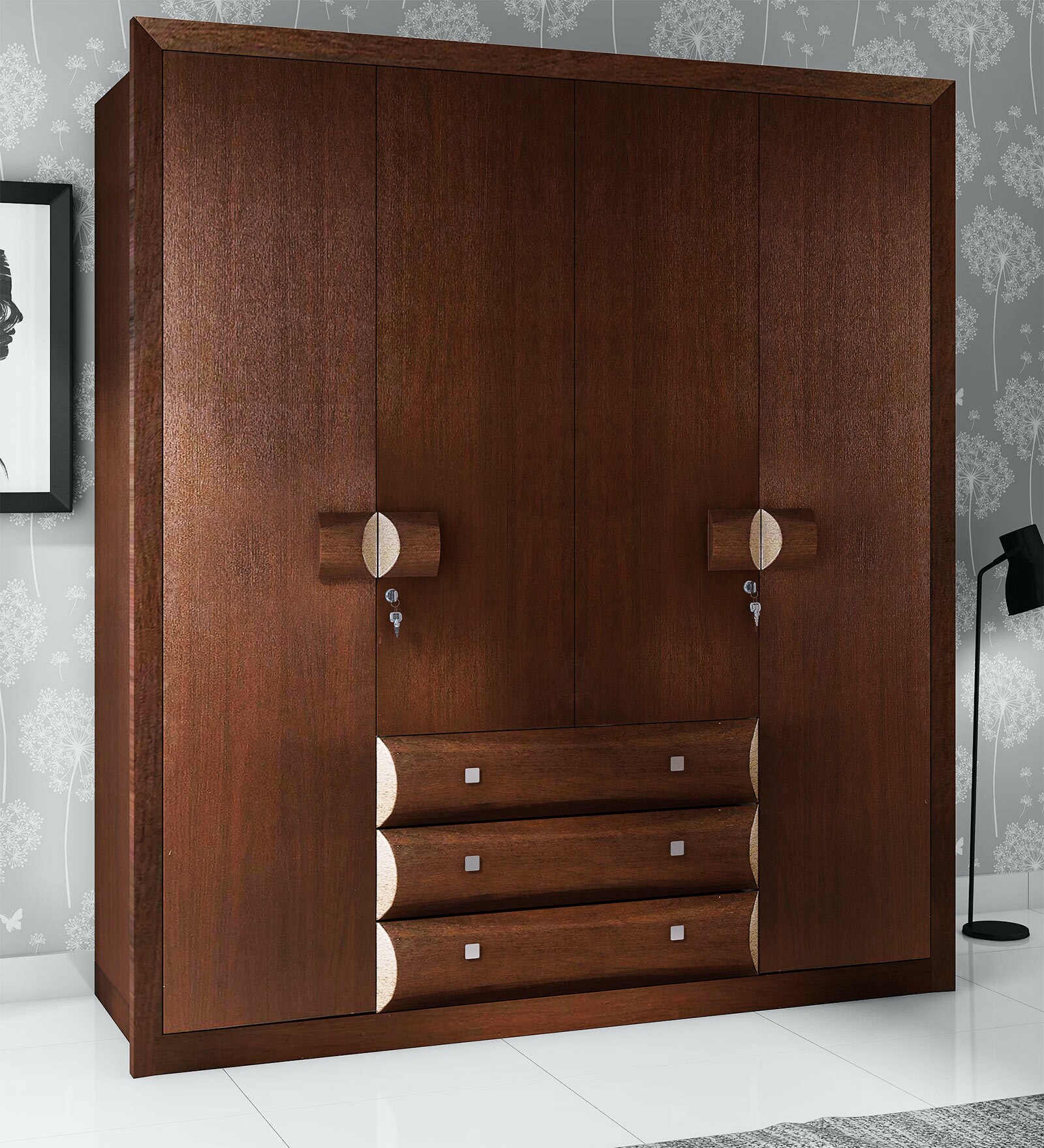 Cambry 4 Door Wardrobe With Drawer in Walnut Finish
