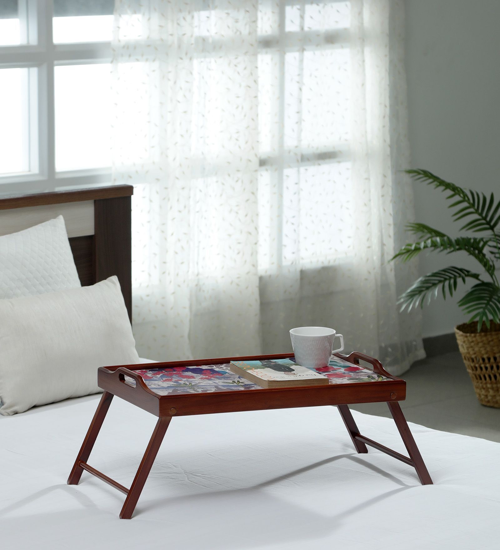 Camel Print Solid Wood Portable Table in Brown Colour