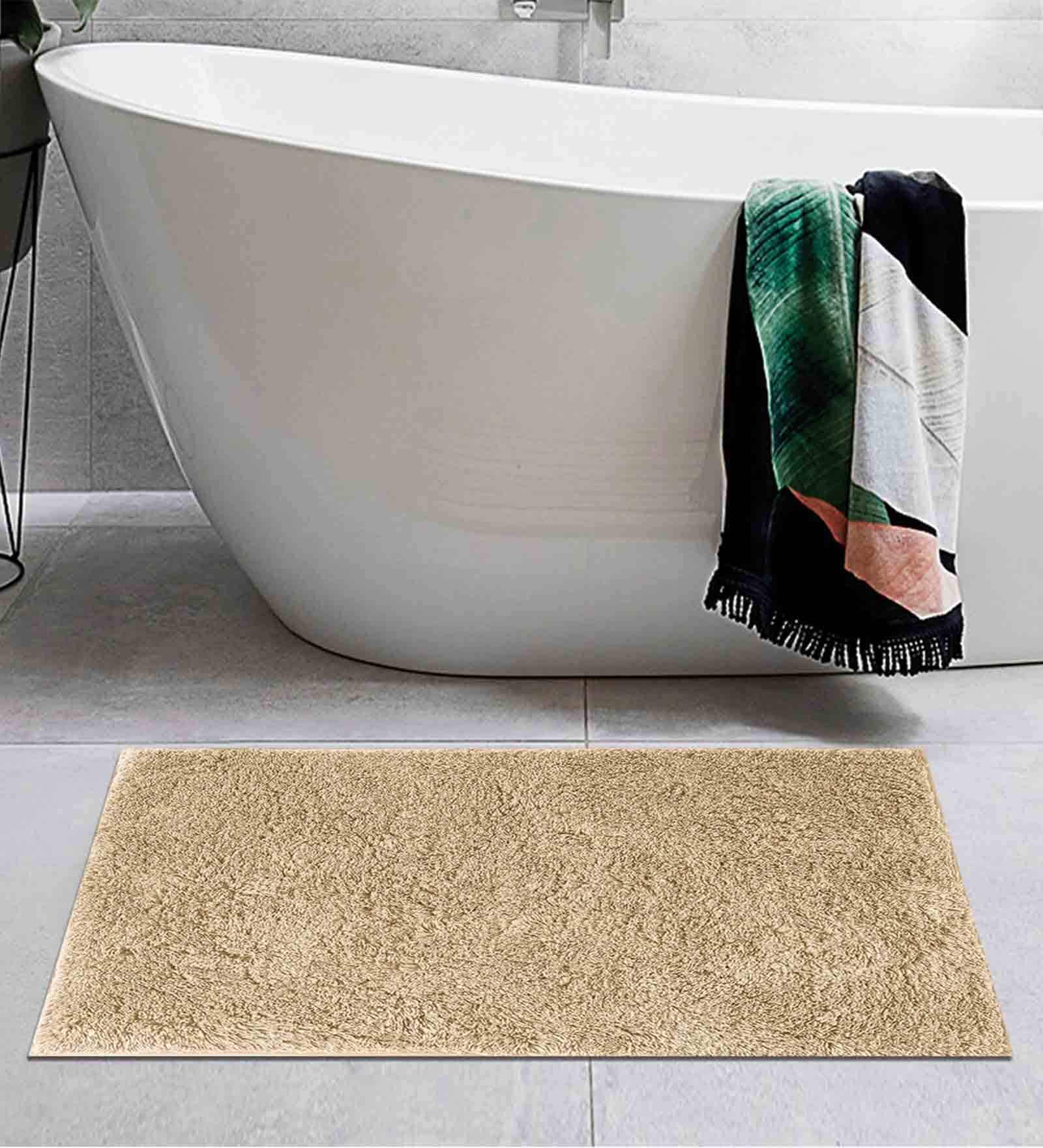 Beige Solid Cotton AntiSkid Bathmat