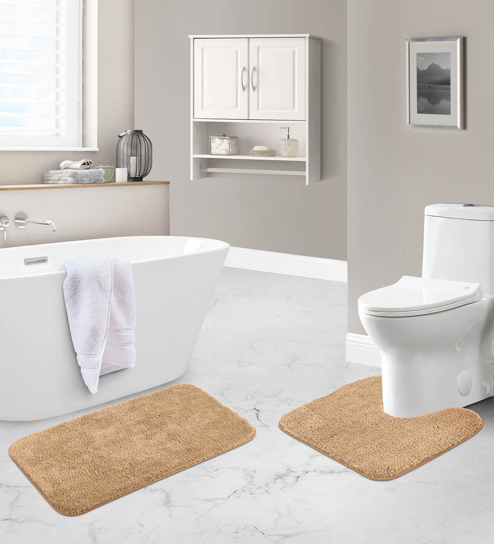 Beige Solid Polyester 32x20 Inches Stain Resistant 1 Bathmat & 1 Contour Mat