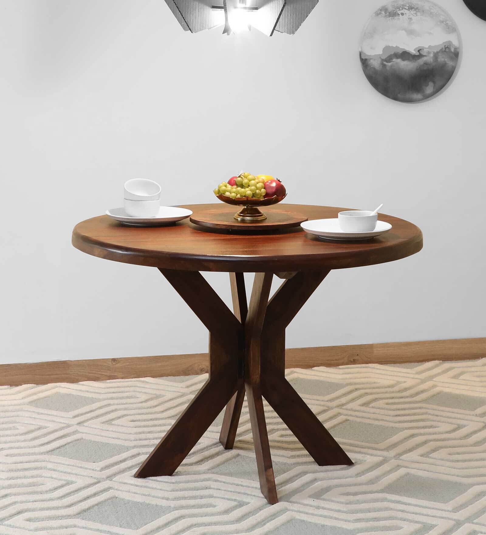 Buy Camelot Sheesham Wood 4 Seater Dining Table With Lazy Susan Top In ...