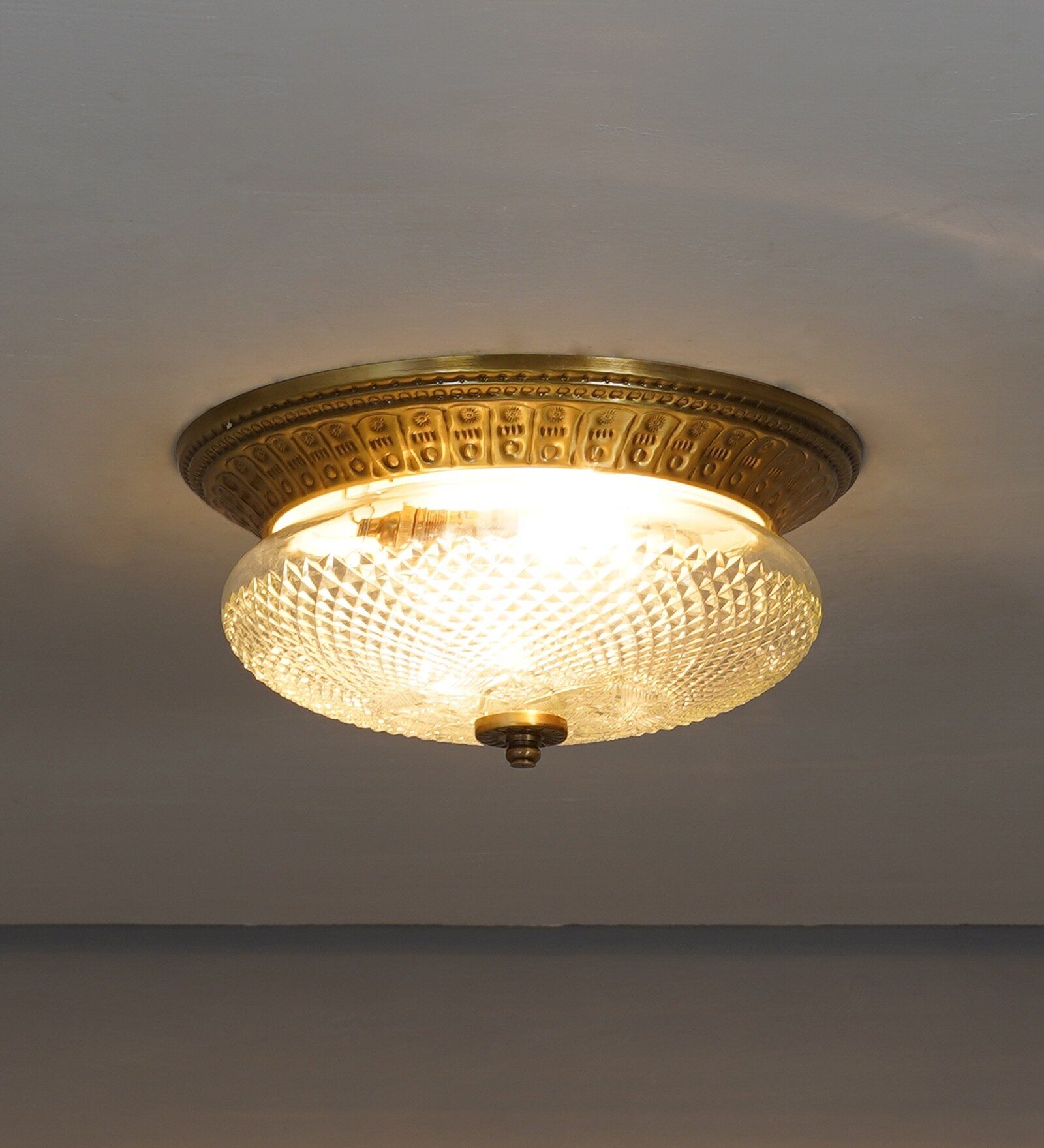 Cameron 2-Light Flush Mount Ceiling Light In Brass Finish With Amber Diamond Cut Glass