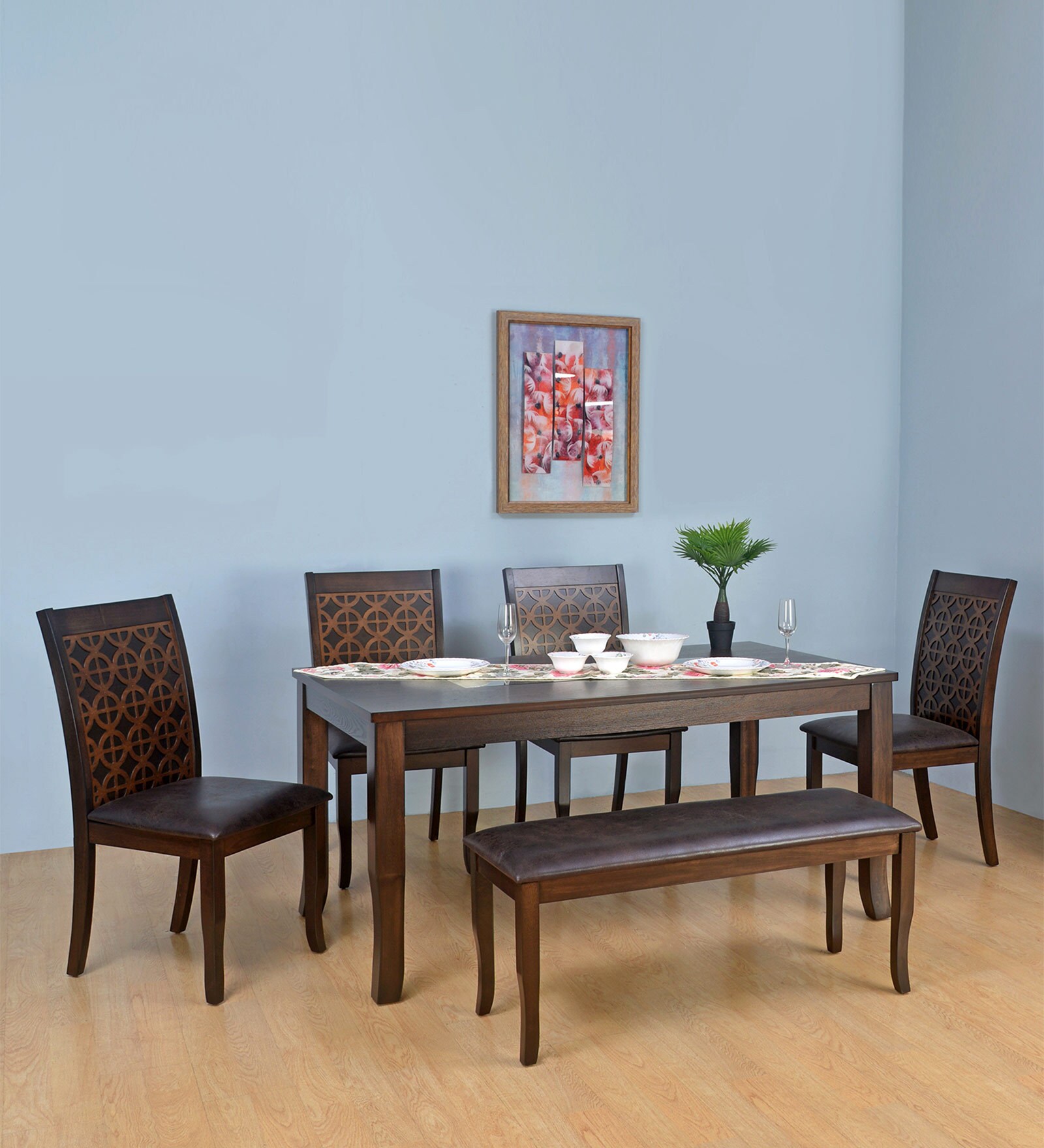 Camilla 6 Seater Dining Set in Walnut Finish with Bench