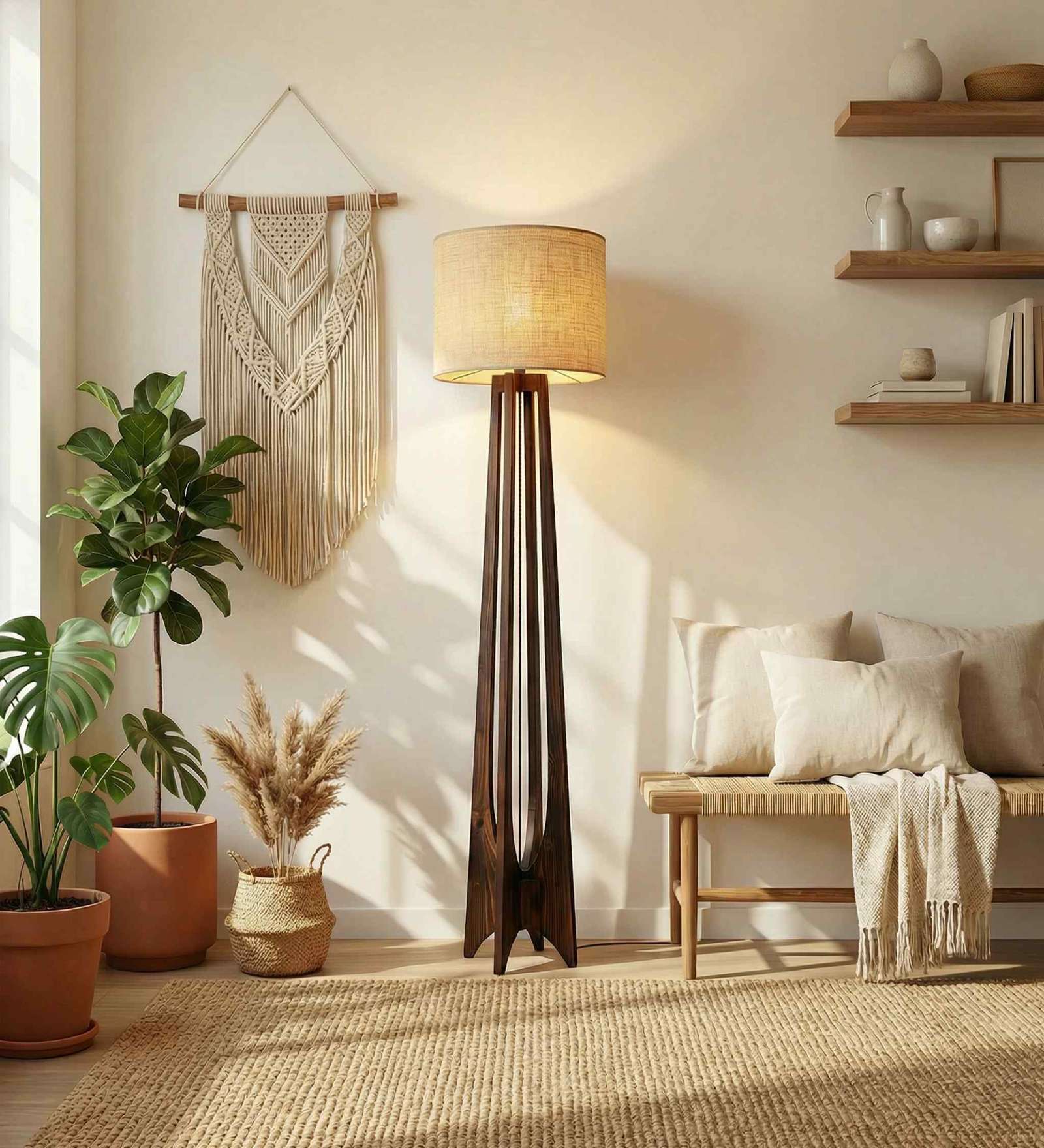 Camille Wooden Floor Lamp with Jute Shade & Brown Base