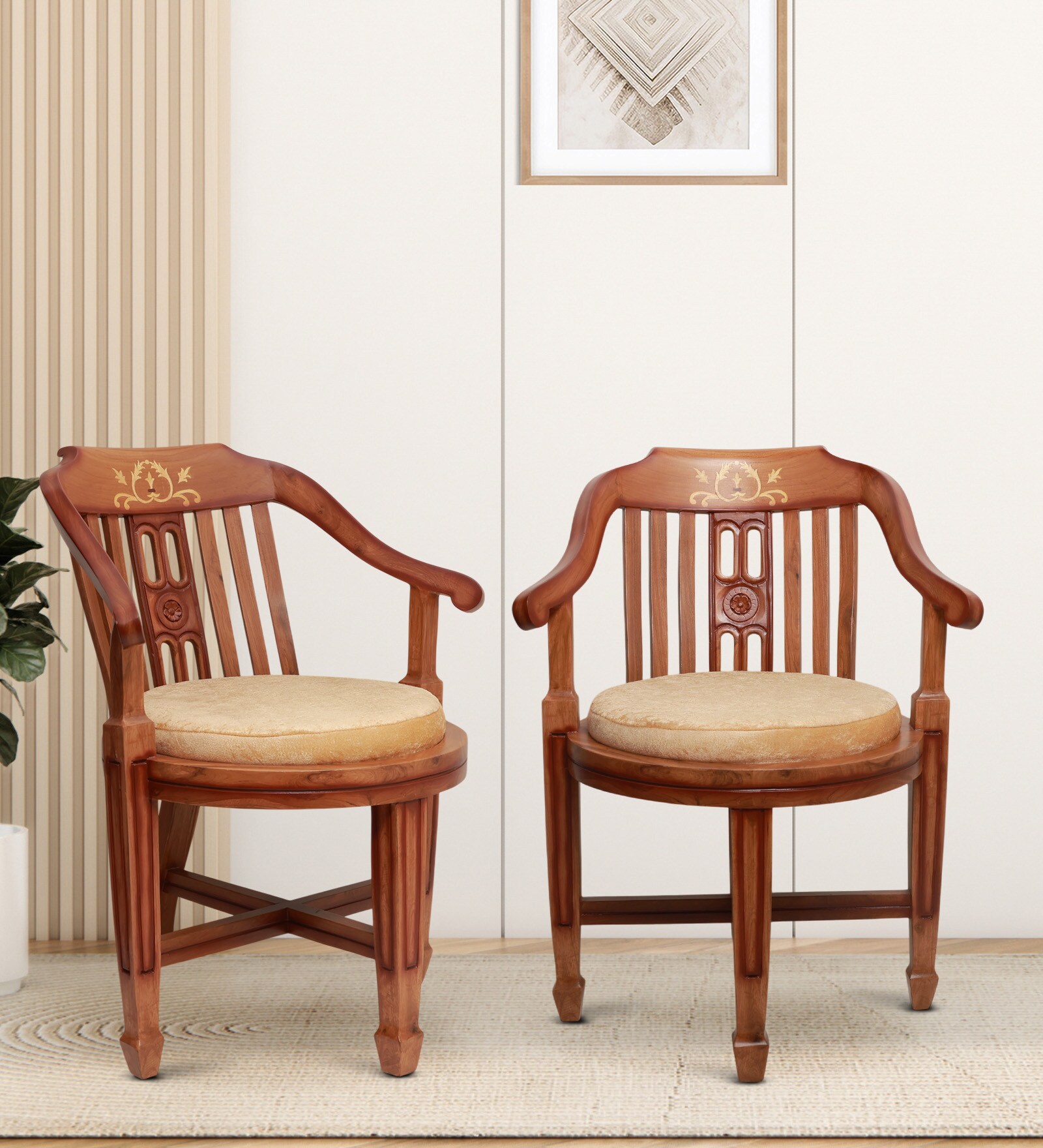 Canasto Teak Wood Arm Chairs Teak In Beige Finish