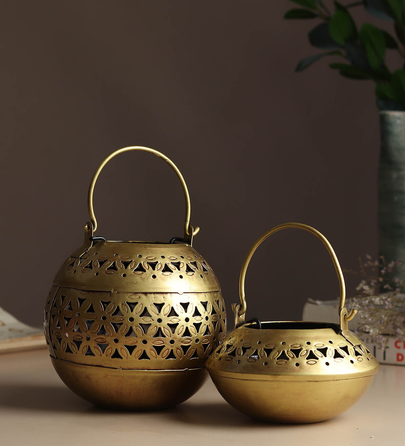 Set Of 2 Gold Metal Diwali Decoration Tea Light Holder