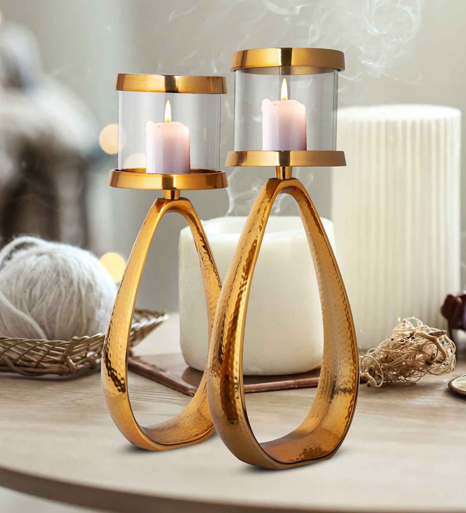 Hammerred Set Of 2 Gold Metal Table Tea Light Holder