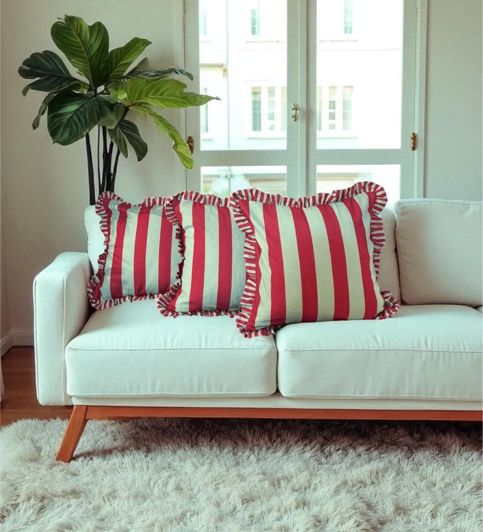 Green Striped Striped Cotton Ruffle 18x18 inches Cushion Covers Set of 3