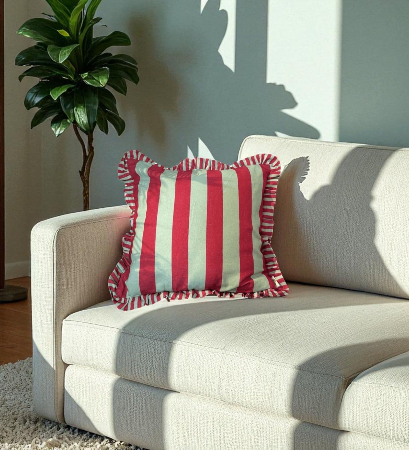 Green Striped Striped Cotton Ruffle 18x18 inches Cushion Cover