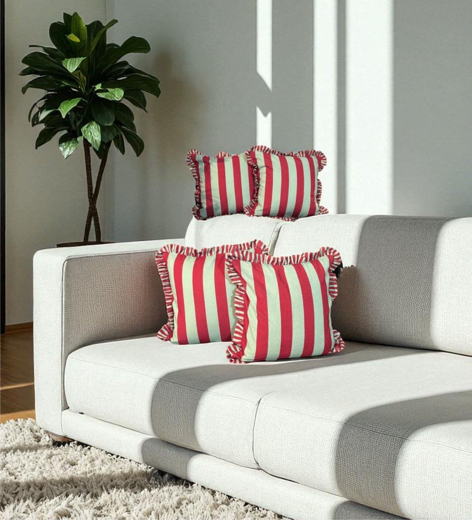 Green Striped Striped Cotton Ruffle 18x18 inches Cushion Covers Set of 4