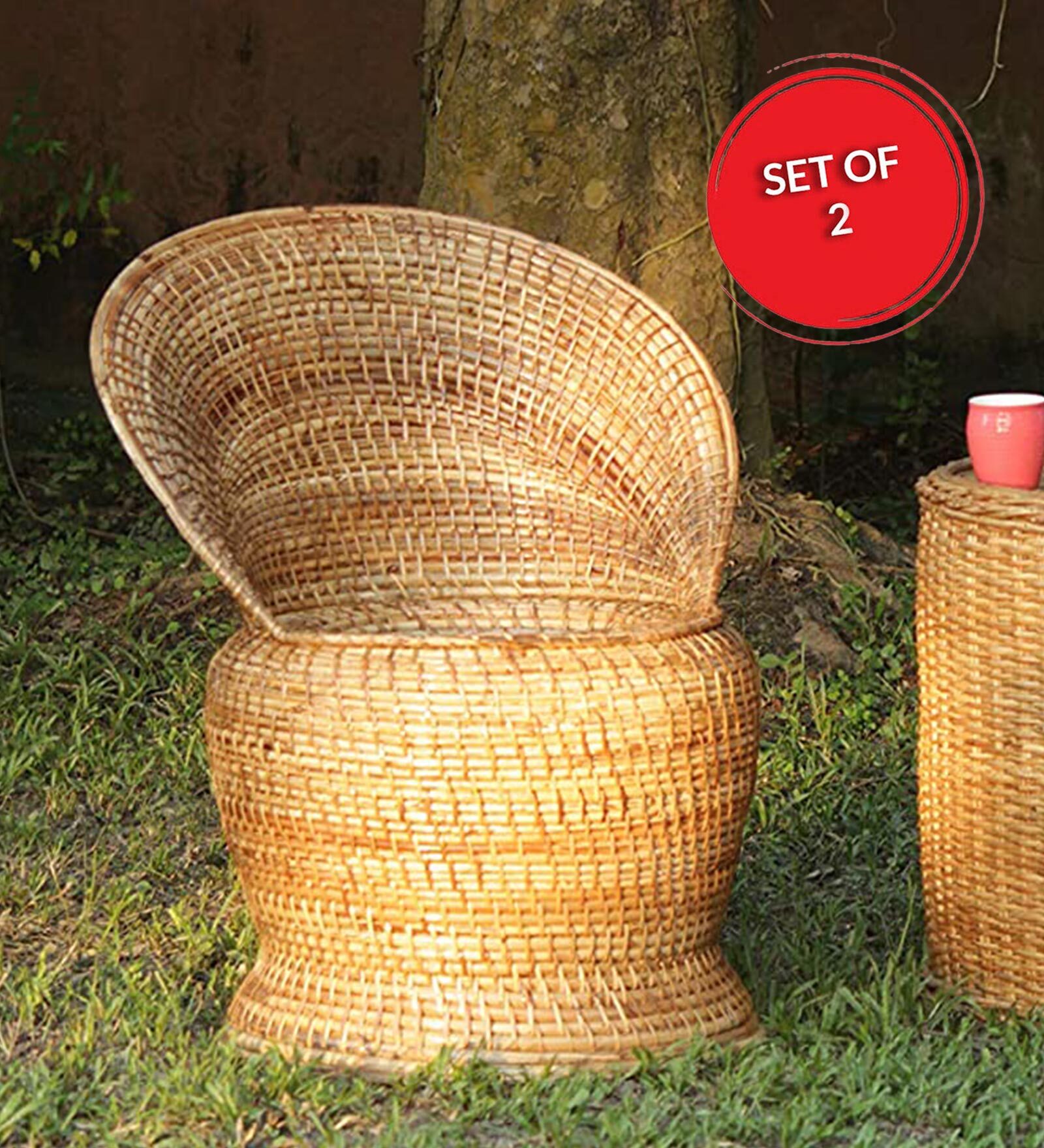 Buy Cane Wicker Patio Chairs in Varnish Brown Finish (Set Of 2) at 22