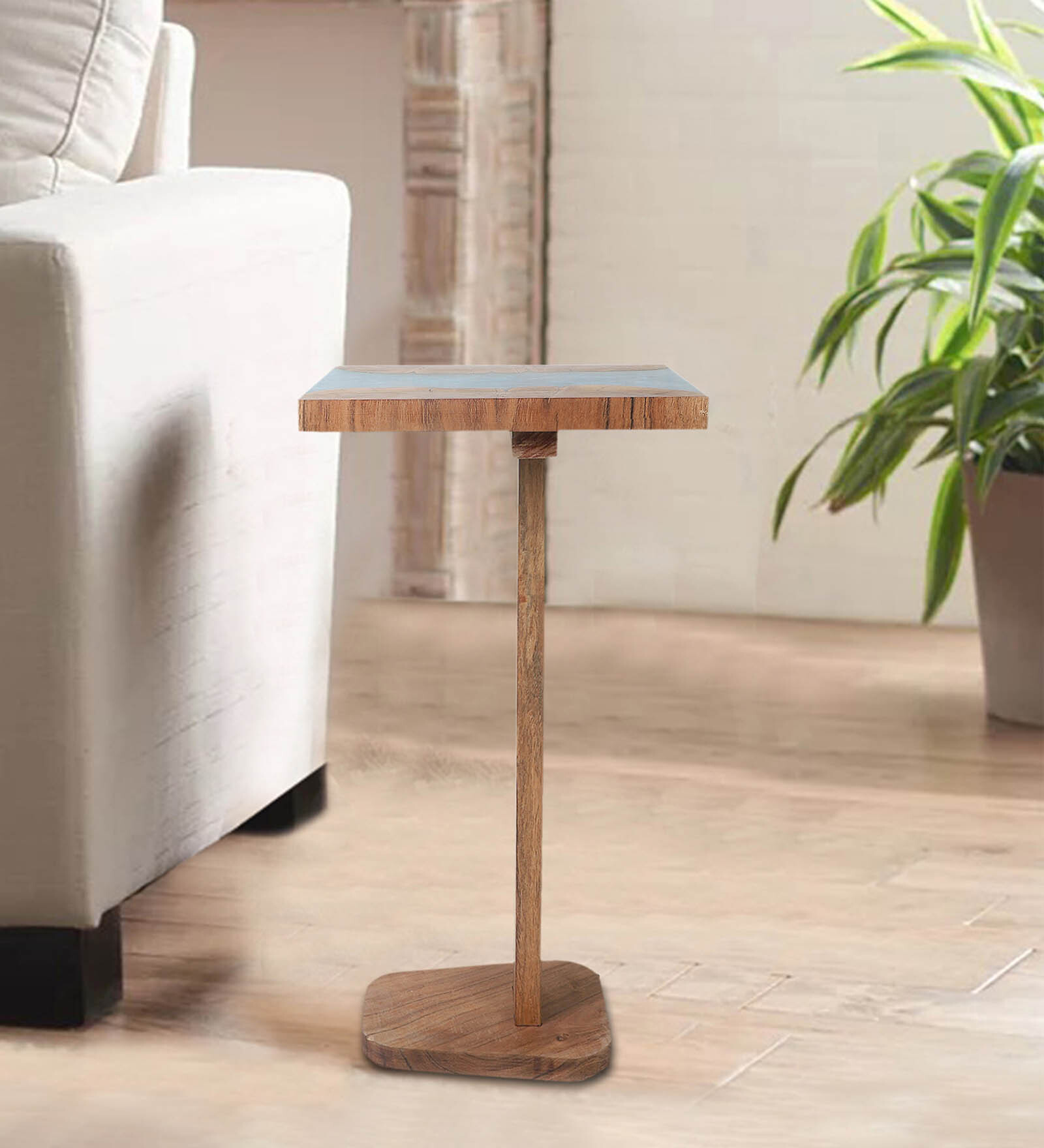 Epoxy Solid Wood End Table In Blue Resin Finish