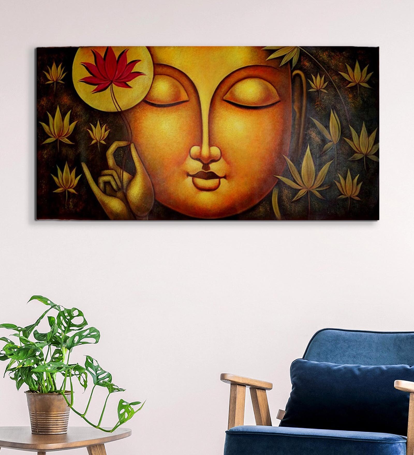Buy Canvas 48 x 0.2 x 24 Inch Buddha with Lotus Unframed Handpainted