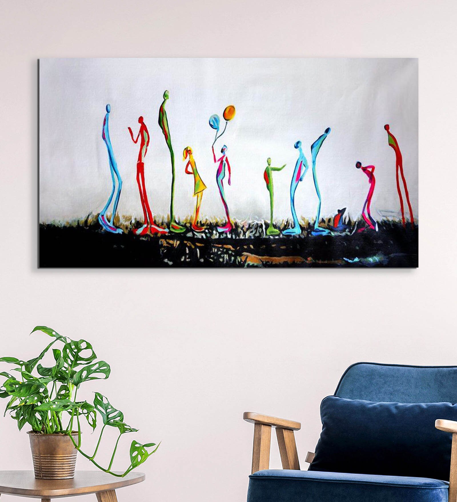 Multicolour Social Life Canvas Framed Acrylic Paint Hand Paintings