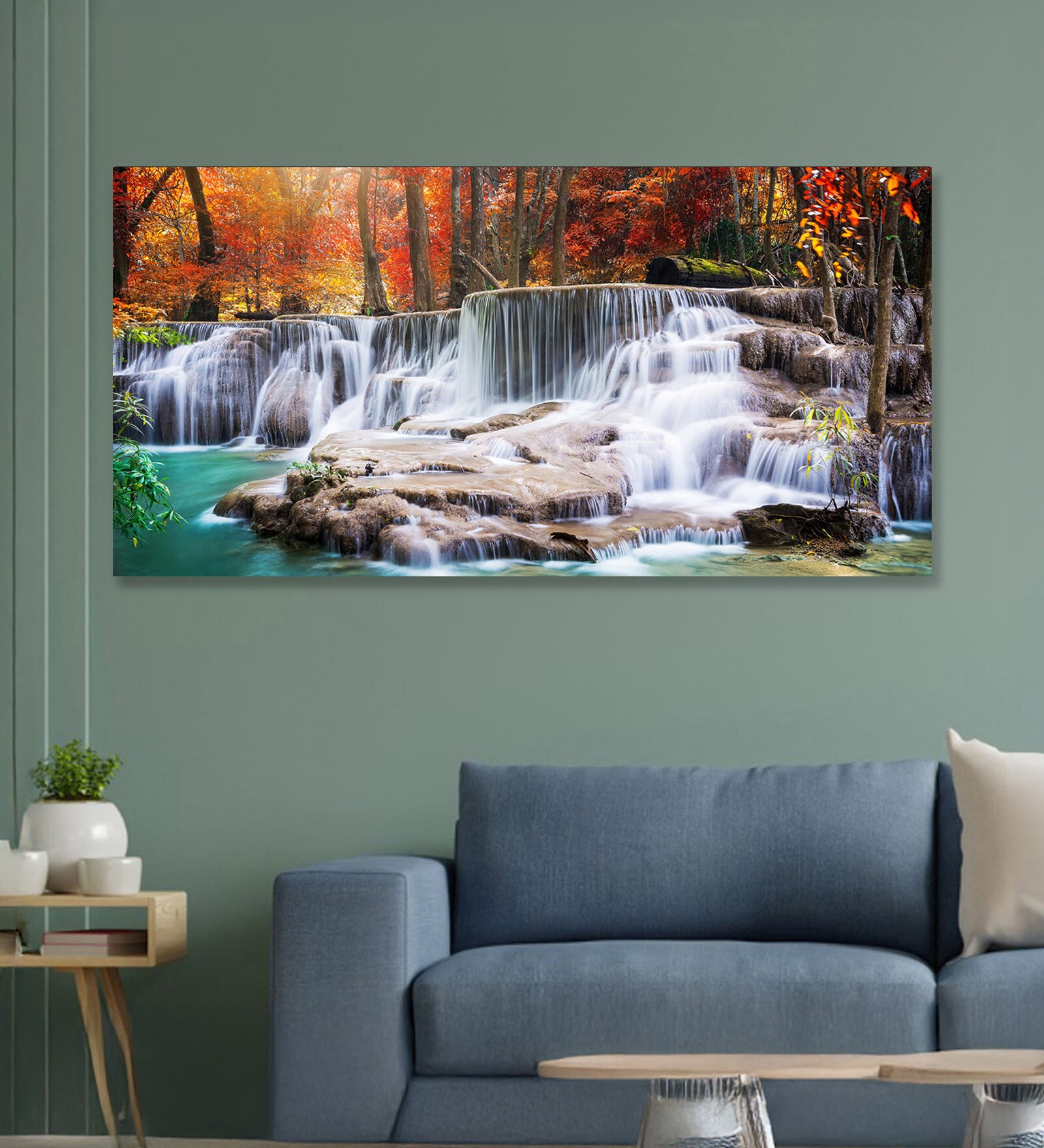 Canvas Framed Autumn Cascade Nature's Vibrant Symphony Wall Painting(18X36 Inch)