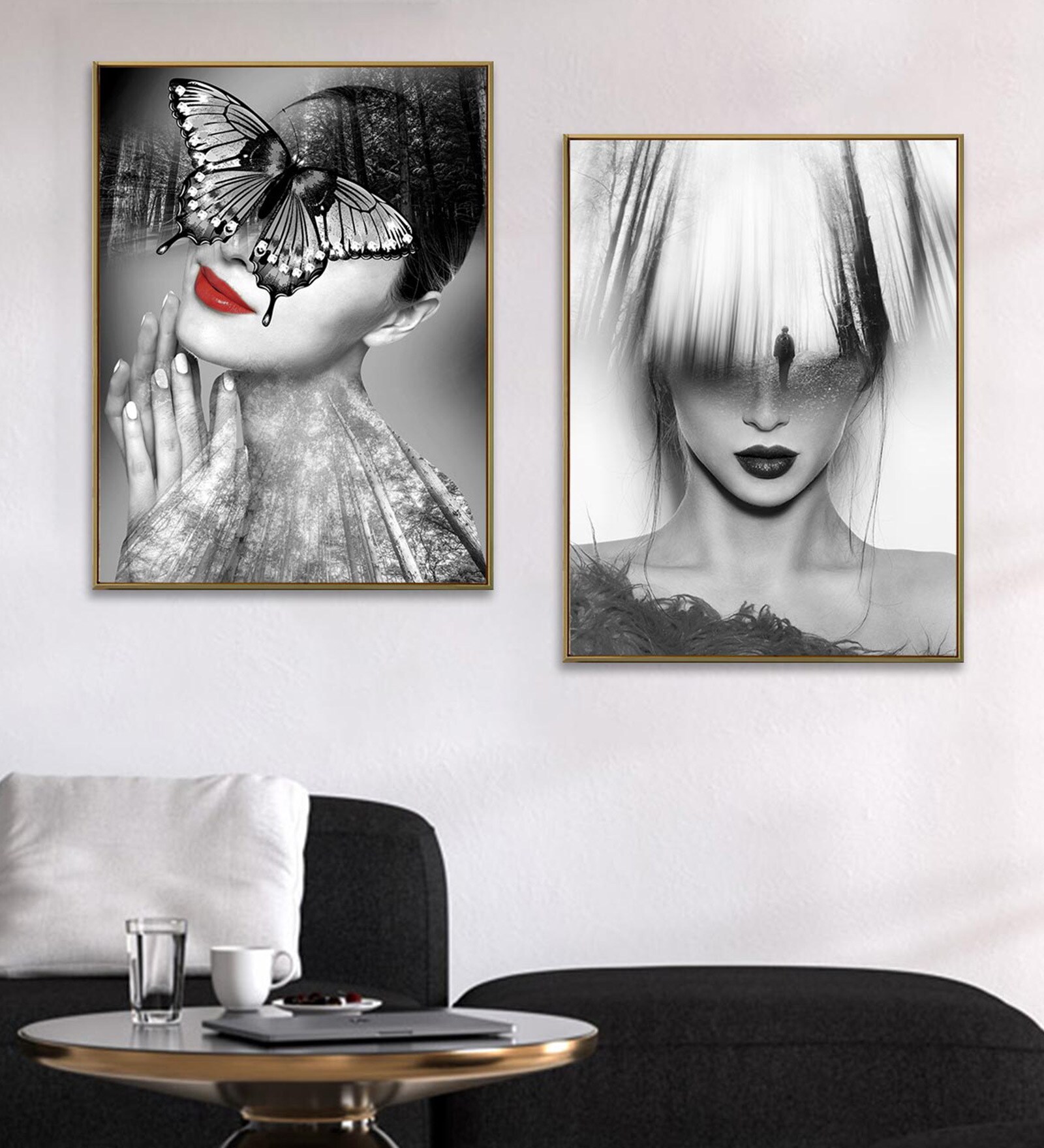 Canvas Framed Black & White Set Of 2 Art Print