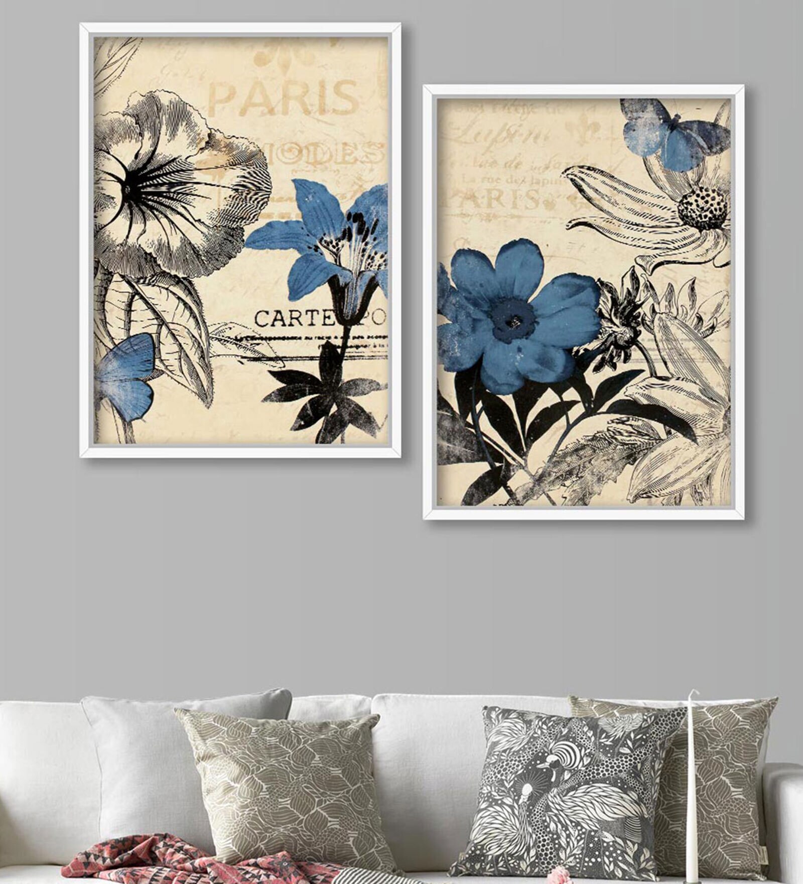 Canvas Framed Blue & Grey Floral Set Of 2 Art Print