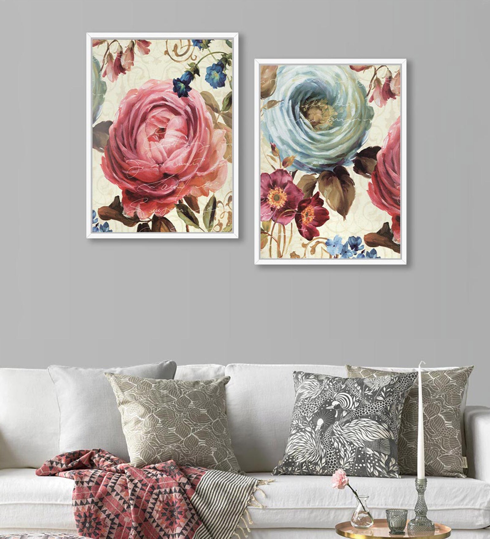 Canvas Framed Blue & Pink Rose Set Of 2 Art Print
