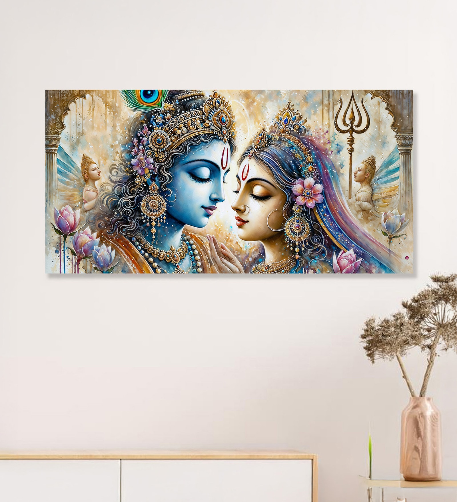 Canvas Framed Divine Love of Krishna and Radha Wall Painting(12X24 Inch)