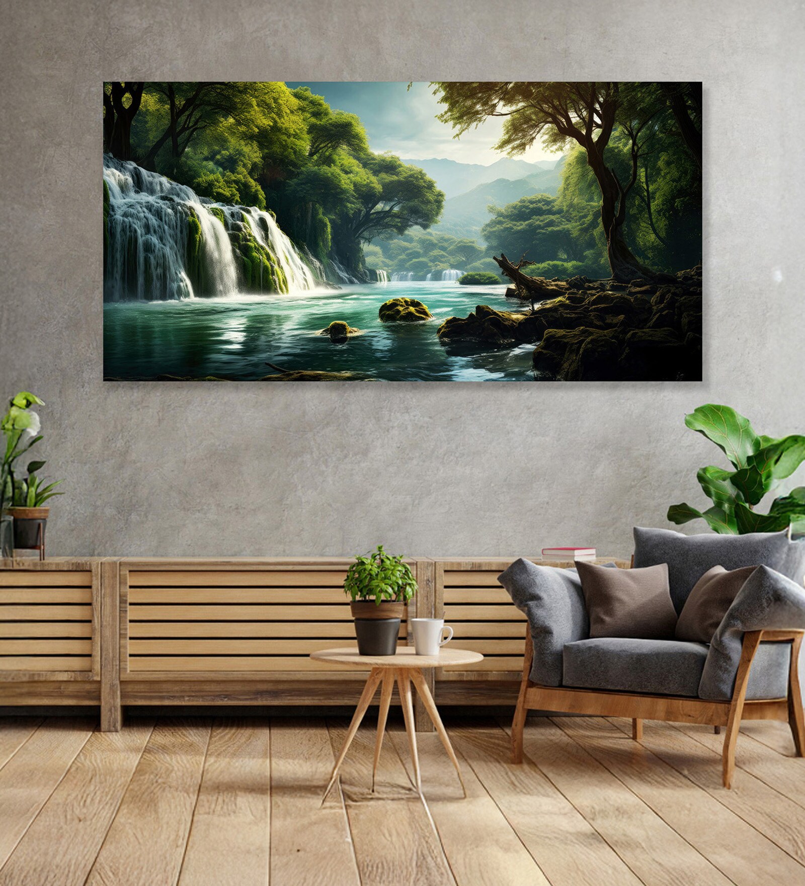 Canvas Framed Enchanted Forest Waterfall Pink Serenity Wall Painting(12X24 Inch)
