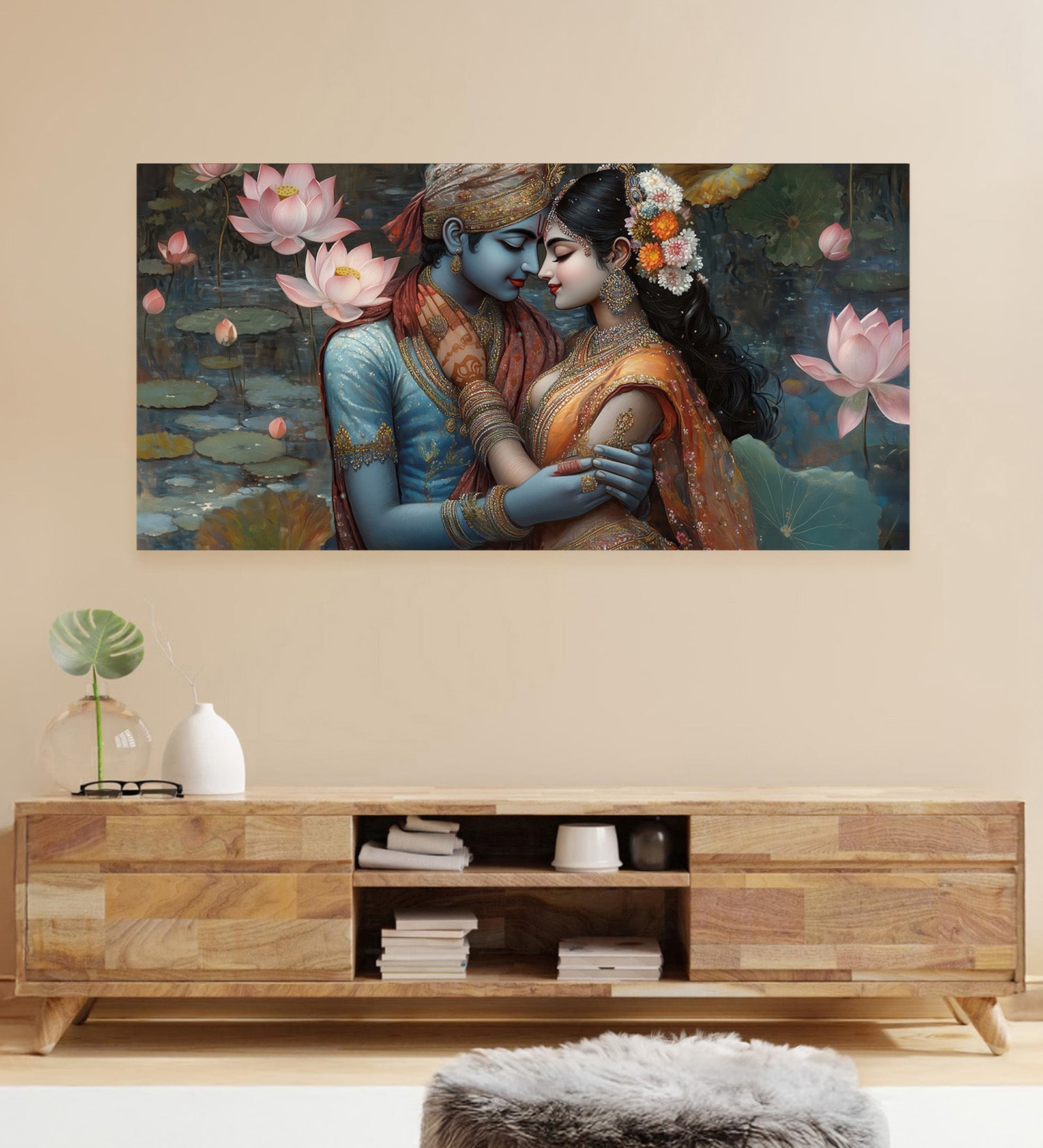 Canvas Framed Eternal Love of Krishna and Radha Wall Painting(18X36 Inch)