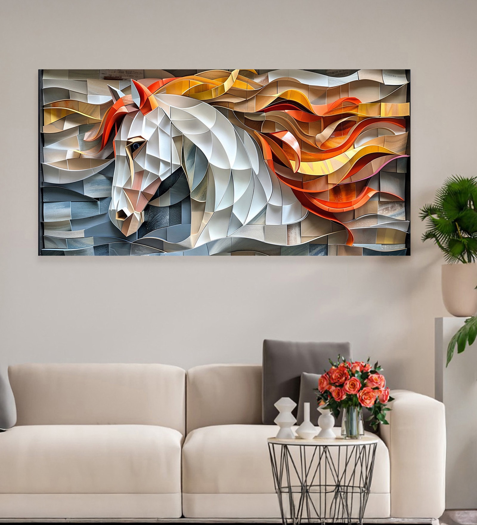 Canvas Framed Exquisite White Horse with Mane Wall Painting(24X48 Inch)